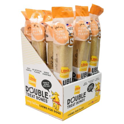 Peanut Butter Double Treat Bones: Long-Lasting Dog Treats Made in USA for Large and Small Breeds, Highly Digestible, Ideal for Aggressive Chewers (12 Count)
